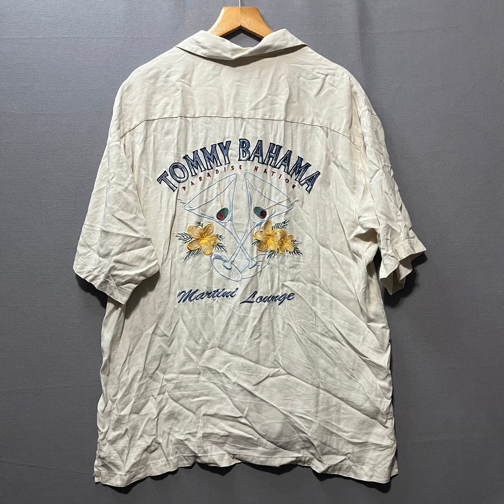 Tommy Bahama Mens Large Silk Martini Lounge Embroidered Camp Shirt Cream